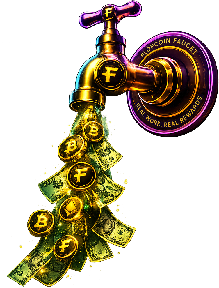 Custom FlopCoin faucet illustration and badge designed by TriState.Digital